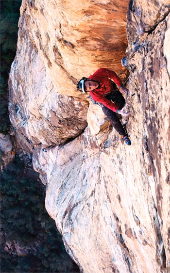Dave Sutcliffe on 4th pitch of Chrimson Chrysalis (5.8). 