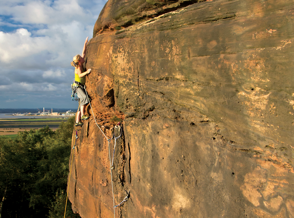 Emily Huzzard on Eliminate 1 (E1 5b) at Helsby. Photo: Paul Evans