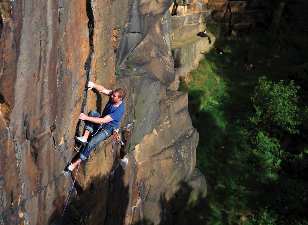 A local climber discovers the delights of the energy sapping and superb Thin Red Line (E1 5b). Photo: Mike Hutton
