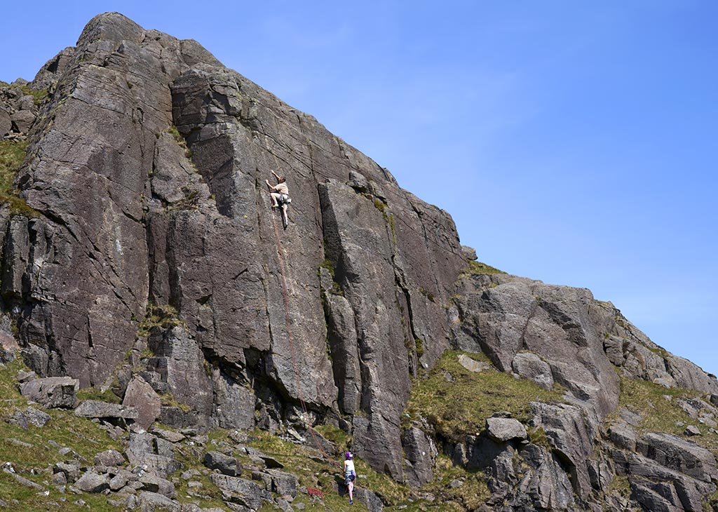 Nick climbing the classic Glass Slipper (E2 5b) at Black Crag, Wrynose, Lake District. Photo: © David Simmonite