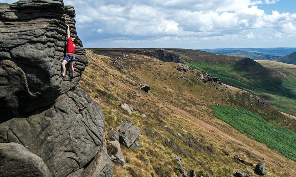 One of the classic moorland grit climbs is Ivy Tower (E1 5b) on Upper Tor. Jon Barton on the final headwall. Photo: Keith Sharples