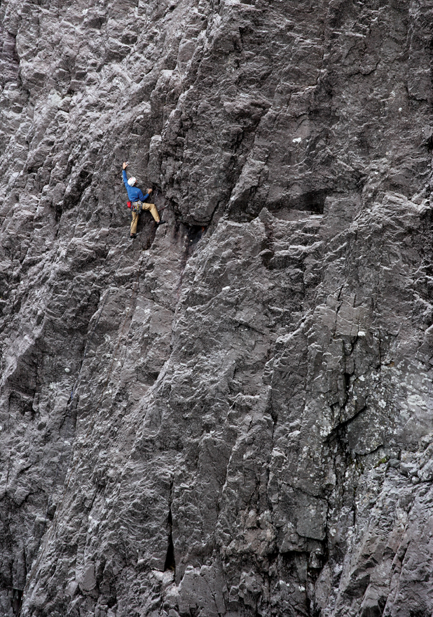 Mark Stevenson climbing pitch 4 of Shibboleth (E2 5b), Slime Wall, The Buachaille, Glen Coe. Photo: David Simmonite